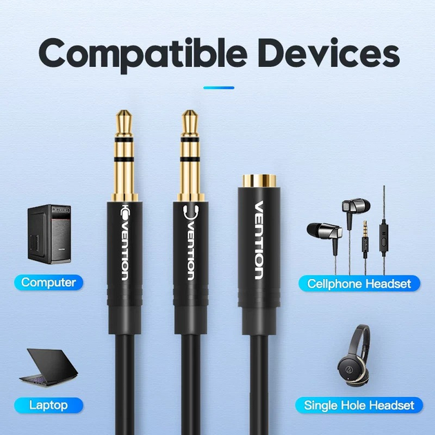 Кабель Vention Audio 3.5mm F 4pin - 2x3.5mm M 3pin 1 м, с поддержкой микрофона, стерео (BBTBF) - Фото 3 Кабель Vention Audio 3.5mm F 4pin - 2x3.5mm M 3pin 1 м, с поддержкой микрофона, стерео (BBTBF) - зображення 3