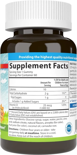 Вітамін D Carlson Labs Kid's Vitamin D3 Gummies 1000 IU (25 mcg) 60 Vegetarian Gummies (Fruit) - зображення 2