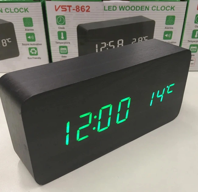 Настольные часы Wooden Watch электронные светодиодные с будильником USB 15см Чёрно-зелёные (VST-862-3) - изображение 6