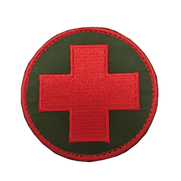 Шеврон, нарукавна емблема з вишивкою Червоний хрест на липучці Розмір діаметра 75 мм Олива - зображення 1
