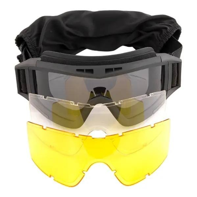 Очки тактические защитная маска черные с 3 линзами та с чехлом - изображение 2