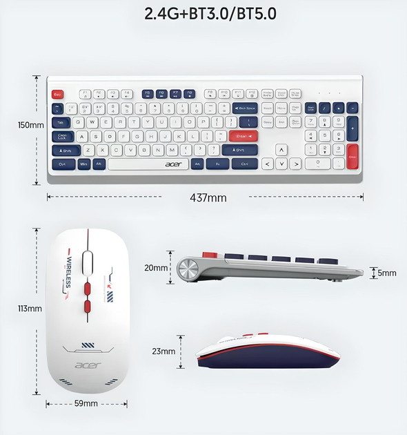 Бездротовий комплект ACER KM41-6W клавіатура + миша, Bluetooth+2.4 ГГц, white - зображення 7