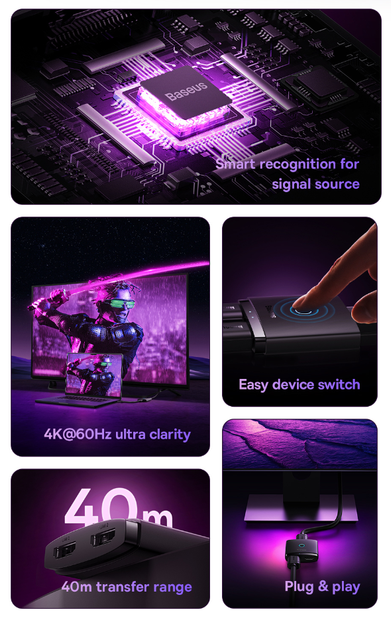 HDMI спліттер комутатор на 2 порти Baseus AirJoy Series 2-in-1 HDMI Switch 4K 60 Гц з кабелем 1м - зображення 4
