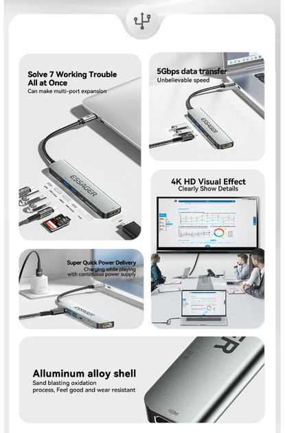 USB-хаб Essager 7 в 1 60W (Type-C 3.1 to 4K HDMI/ SD/TF Card/ PD Fast Charge) - зображення 2