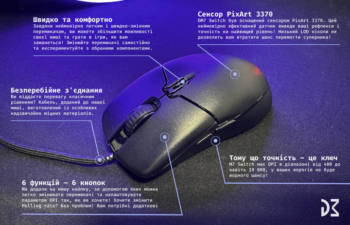 Мишка Dream Machines DM7 Switch Kailh PA 3370 Black - зображення 9