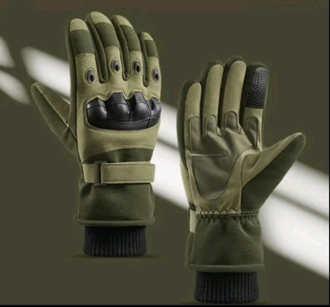Універсальні захисні повнопалі перчатки L теплі зимові на флісі рукавиці з манжетами швидковисихаючі повсякденні з ущільненнями на кісточках олива - зображення 1