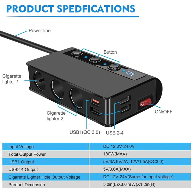 Разветвитель прикуривателя для авто 12-24 вольт на 3 гнезда usb, Type с ...