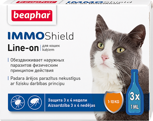Капли Beaphar IMMO Shield Line-on для кошек от паразитов 3 пипетки - Фото 1 Капли Beaphar IMMO Shield Line-on для кошек от паразитов 3 пипетки - изображение 1