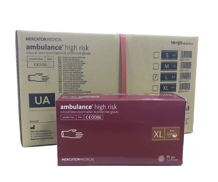 Рукавички сині Ambulance High Risk латекс підвищеної міцності XL 50 шт (25 пар) RD10178005 (Ящик 10 пачок) - зображення 1