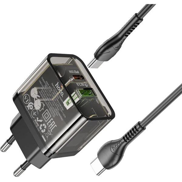 Сетевое зарядное устройство Hoco N34 Dazzling PD20W+QC3.0 + кабель Type-C to Type-C - Transparent Black - изображение 2