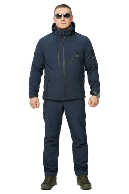 Костюм демисезонный мужской Soft shel на флисе темно синий меланж 46 куртка брюки ветро - влагонепроницаемый с воздухоотводным клапаном под мышками - изображение 1