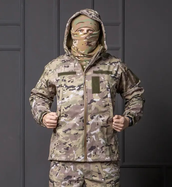 Чоловіча куртка Softshell мультикам з капюшоном та липучками під шеврони водонепроникна 3XL - зображення 1