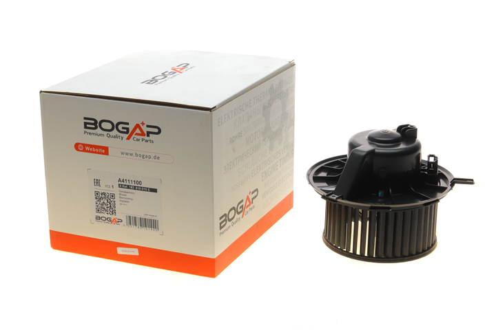 Вентилятор пічки BOGAP A4111100 Audi A3, Q3; Volkswagen Golf, EOS, Caddy, Jetta, Touran, Scirocco, Tiguan, Passat; Skoda Octavia, Yeti, Superb; Seat Leon, Toledo 1K1819015, 1K1819015C, 1K1819015D - зображення 1