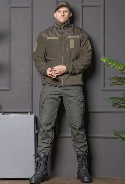 Мужской костюм оливковый Флисовая Кофта и брюки Kayman / Кофта с водонепроницаемыми вставками и липучками под шевроны 60 - изображение 1