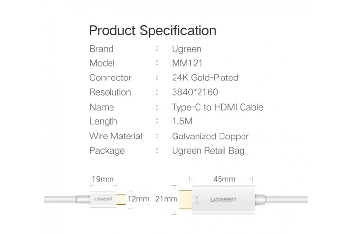 Кабель Ugreen USB Type-C to HDMI з позолоченими конекторами 1.5 м White (YM1162) - Фото 8 Кабель Ugreen USB Type-C to HDMI з позолоченими конекторами 1.5 м White (YM1162) - зображення 8