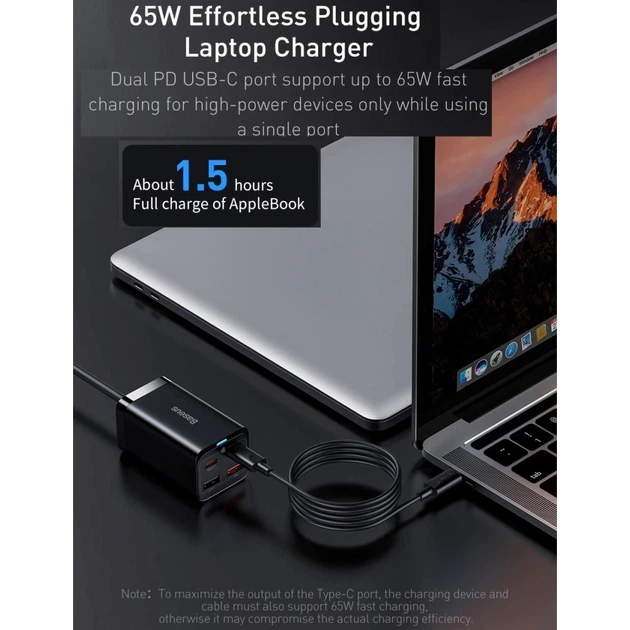 Мережевий зарядний пристрій BASEUS GaN3 Pro Desktop Fast Charger (2 Type-C + 2 USB) 65 W Black - зображення 6