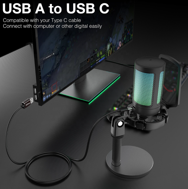 Конденсаторный игровой микрофон FIFINE A6W RGB Ampligame для ПК PS4 PS5 MAC с поп-фильтром Shock Mount & Gain Control Белый - Фото 4 Конденсаторный игровой микрофон FIFINE A6W RGB Ampligame для ПК PS4 PS5 MAC с поп-фильтром Shock Mount & Gain Control Белый - изображение 4