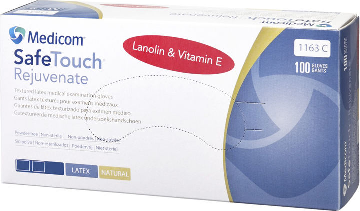 Перчатки смотровые латексные нестерильные Medicom SafeTouch Rejuvenate с ланолином и витамином Е неопудренные 50 пар № L (1163/L) - изображение 1