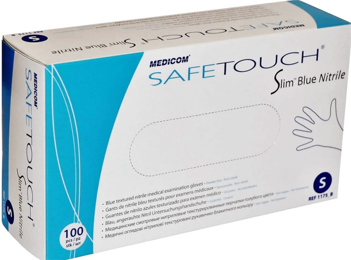 Рукавички оглядові нітрилові нестерильні, текстуровані Medicom SafeTouch Slim Blue неопудрені 4.2 г 50 пар № L (1175/L) - зображення 1
