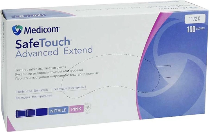 Перчатки смотровые нитриловые текстурированные, нестерильные Medicom SafeTouch Advanced Extend неопудренные 3.6 г розовые 50 пар № S (1172-TG_B) - изображение 1