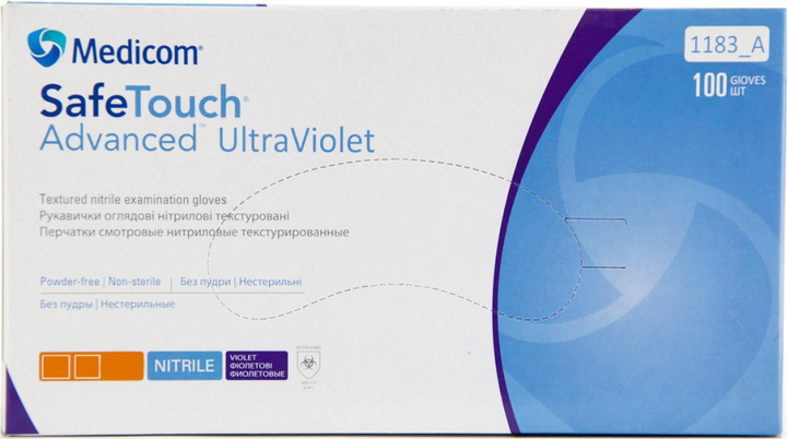 Перчатки смотровые нитриловые нестерильные, текстурированные Medicom SafeTouch Advanced Violet неопудренные 3.4 г фиолетовые 50 пар № M (1183/M) - изображение 1