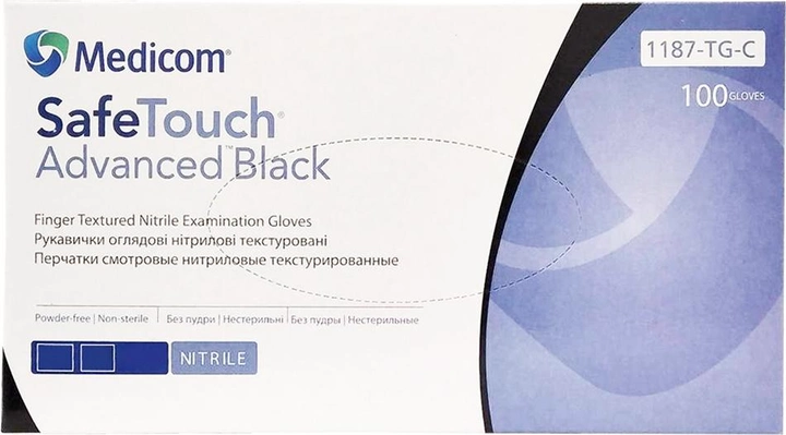 Рукавички оглядові нітрилові текстуровані, нестерильні Medicom SafeTouch Advanced Black неопудрені 3.3 г чорні 50 пар № S (1187P-B) - зображення 1