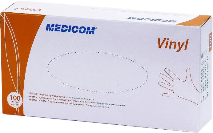 Перчатки виниловые многоцелевые нестерильные Medicom опудренные прозрачные 50 пар № S (1130/S) - изображение 1