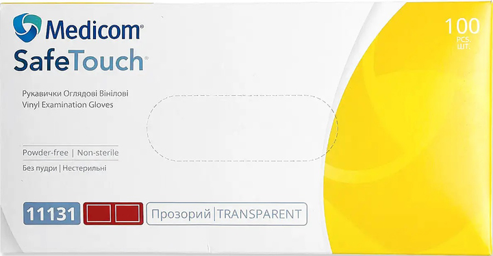 Перчатки смотровые виниловые нестерильные Medicom SafeTouch неопудренные прозрачные 50 пар № M (11131-B) - изображение 1