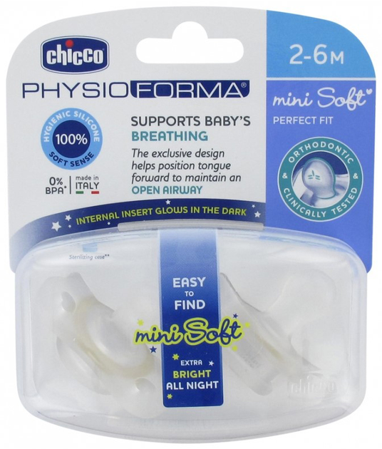 Smoczek Chicco PhysioForma Mini Soft silikonowy 2-6 m lumi 2 szt (8058664129669) - obraz 1