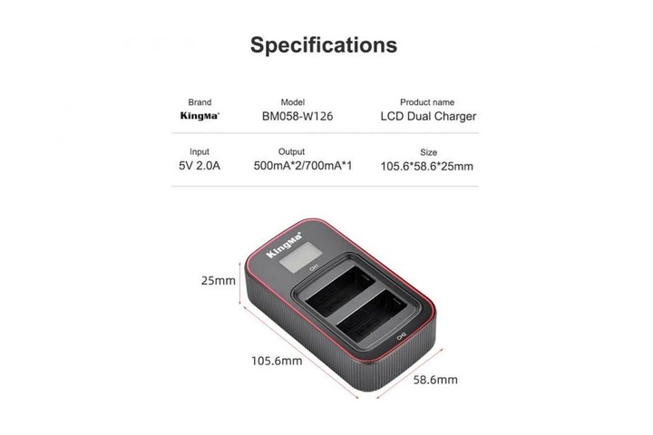 3-Pack NP-W126 комплект из 2 аккумуляторов KingMa для Fujifilm NP-W126 и двойного зарядного устройства - Фото 10 3-Pack NP-W126 комплект из 2 аккумуляторов KingMa для Fujifilm NP-W126 и двойного зарядного устройства - изображение 10