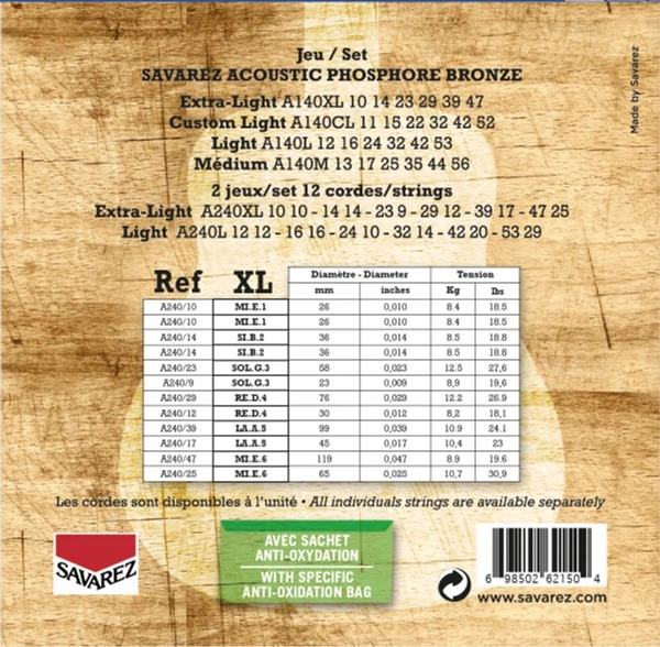 Струны для акустической гитары Savarez Acoustic A240XL Phosphor Bronze .010/.047 (12 струн) (127011) - Фото 2 Струны для акустической гитары Savarez Acoustic A240XL Phosphor Bronze .010/.047 (12 струн) (127011) - изображение 2