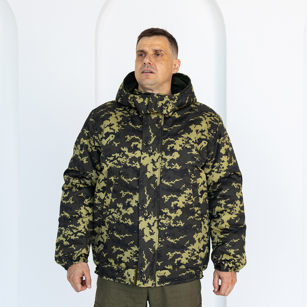 Бушлат зимний темный Пиксель с капюшоном, мужская зимняя камуфляжная куртка на резинке 48 - изображение 1