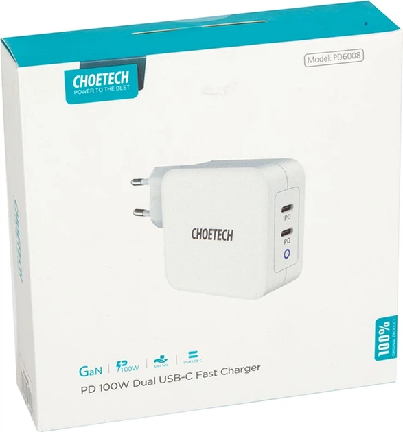 Ładowarka CHOETECH GaN 2xUSB Type-C 100W, PD (PD6008) - obraz 6