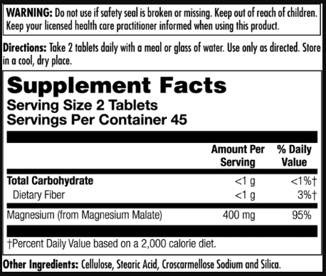 Magnesium Malate 400mg - 90 tabs магній малат для підвищення енергії, роботи м’язів та зменшення втоми - зображення 2