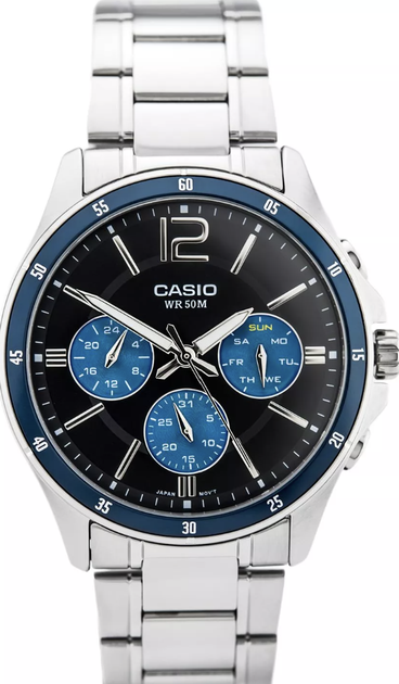 Черно-голубые мужские часы Casio MTP-1374D-2A с серебристым циферблатом. - изображение 3