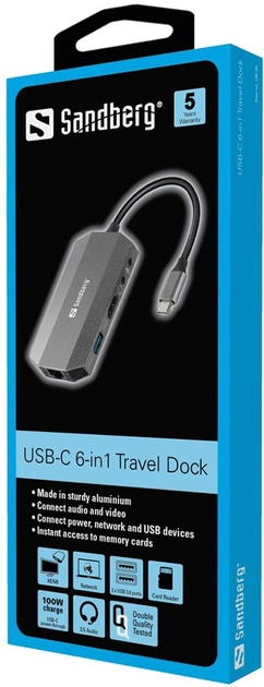 Stacja dokująca Sandberg 6 in 1 USB 3.1 Type-C - HDMI/USB 3.0 x 2/RJ45/SD/TF/PD 100W (5705730136337) - obraz 2