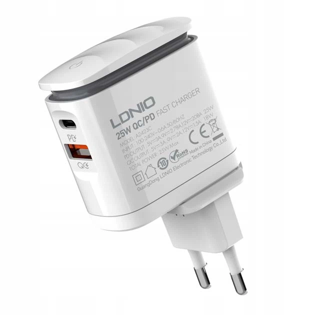 Зарядне мережеве LDNIO A2423C USB/Type-C QC PD 25W адаптер + нічник + кабель Type-С to Lightning швидка зарядка для Тайп-с/Лайтнінг для Apple iPhone iPad Білий - изображение 3