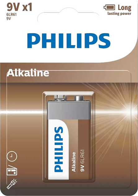 Батарейка Philips Entry Alkaline лужна 6LR61 (6LF22/MN1604/MX1604) блістер 1 шт. (6LR61A1B/10) - зображення 1