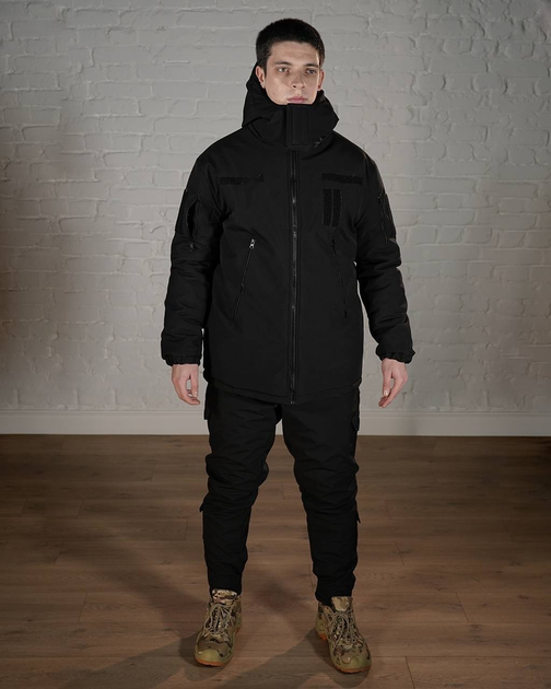 Зимова військова форма SoftShell з утеплювачем ХОЛОСОФТ чорна костюм водонепроникаючий бушлат з капюшоном та штани L - (50) - зображення 1
