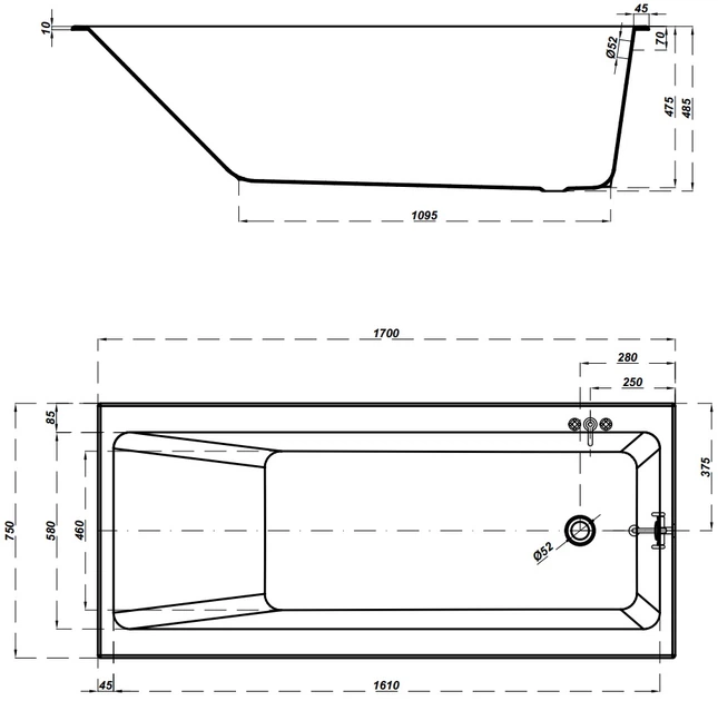 Ванна акриловая CERSANIT Crea S301-226 (170x75 см) + ножки - изображение 4