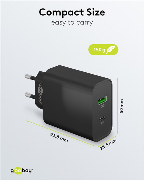 Зарядний пристрій Goobay Wentronic Dual-USB-Quick Charger 3.0 PD/QC 45 W 1x USB-C 1x USB-A Чорний (4040849617553) - зображення 5
