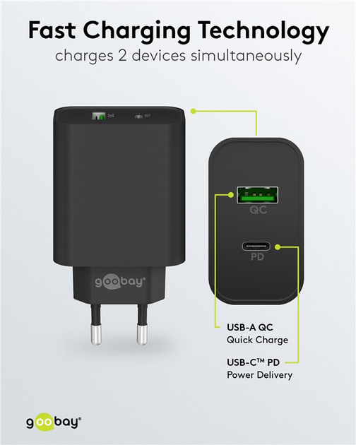 Зарядний пристрій Goobay Wentronic Dual-USB-Quick Charger 3.0 PD/QC 45 W 1x USB-C 1x USB-A Чорний (4040849617553) - зображення 6