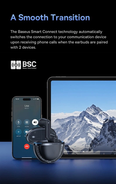 Беспроводные Bluetooth наушники Baseus Bowie E5x TWS 4 Микрофона ENC |BT5.3, 35/330mAh, 5h, Type C| Blue - изображение 10
