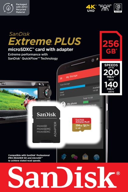 Karta pamięci SanDisk Extreme PLUS microSDXC 256GB Class 10 V30 + SD-adapter (SDSQXBD-256G-GN6MA) - obraz 2