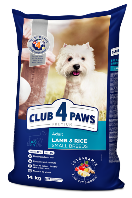 Сухой корм CLUB 4 PAWS PREMIUM Клуб 4 лапы ягненок и рис для взрослых собак малых пород, 14 кг - Фото 1 Сухой корм CLUB 4 PAWS PREMIUM Клуб 4 лапы ягненок и рис для взрослых собак малых пород, 14 кг - изображение 1