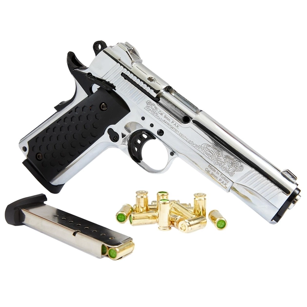 Сигнальний стартовий пістолет Kuzey 911 Chrome Engraved з додатковим магазином + пачка патронів Ozkursan 9мм - зображення 2