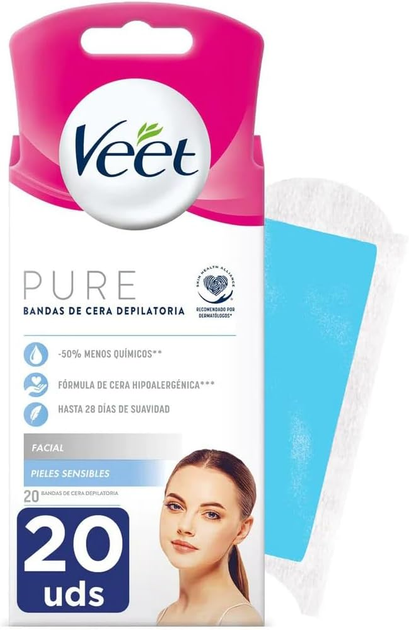 Woskowe paski Veet Sensitive Skin Facial Hair Removal Wax Strips Pure 20 szt (8428076000274) - obraz 1