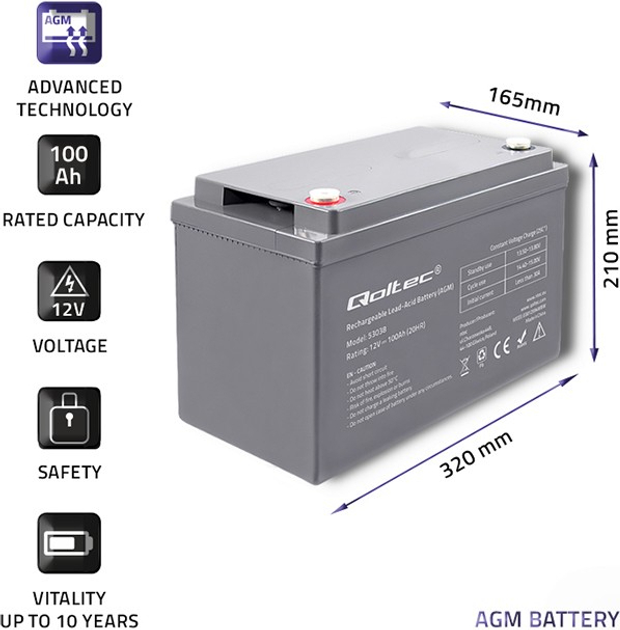 Akumulator Qoltec AGM 12V 100Ah max 1200A 53038 (5901878530383) - obraz 4