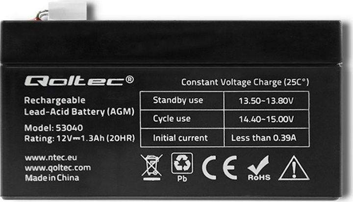 Акумуляторна батарея Qoltec AGM 12V 1.3Ah max 19.5A 53040 (5901878530406) - зображення 2