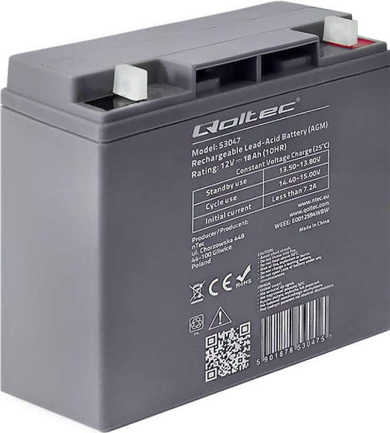 Akumulator Qoltec AGM 12V 18Ah max. 270A 53047 (5901878530475) - obraz 1